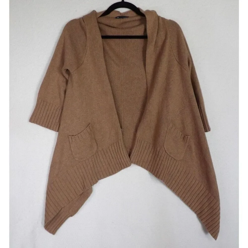 GAP Open Front Cotton Cashmere Brown Asymmetrical 3/4 sleeve‎ Cardigan | Small